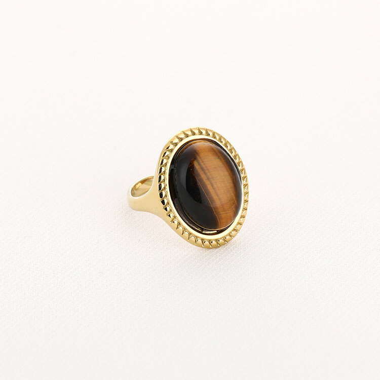 Gold Statement Natural Stone Ring / Tiger's Eye Brown