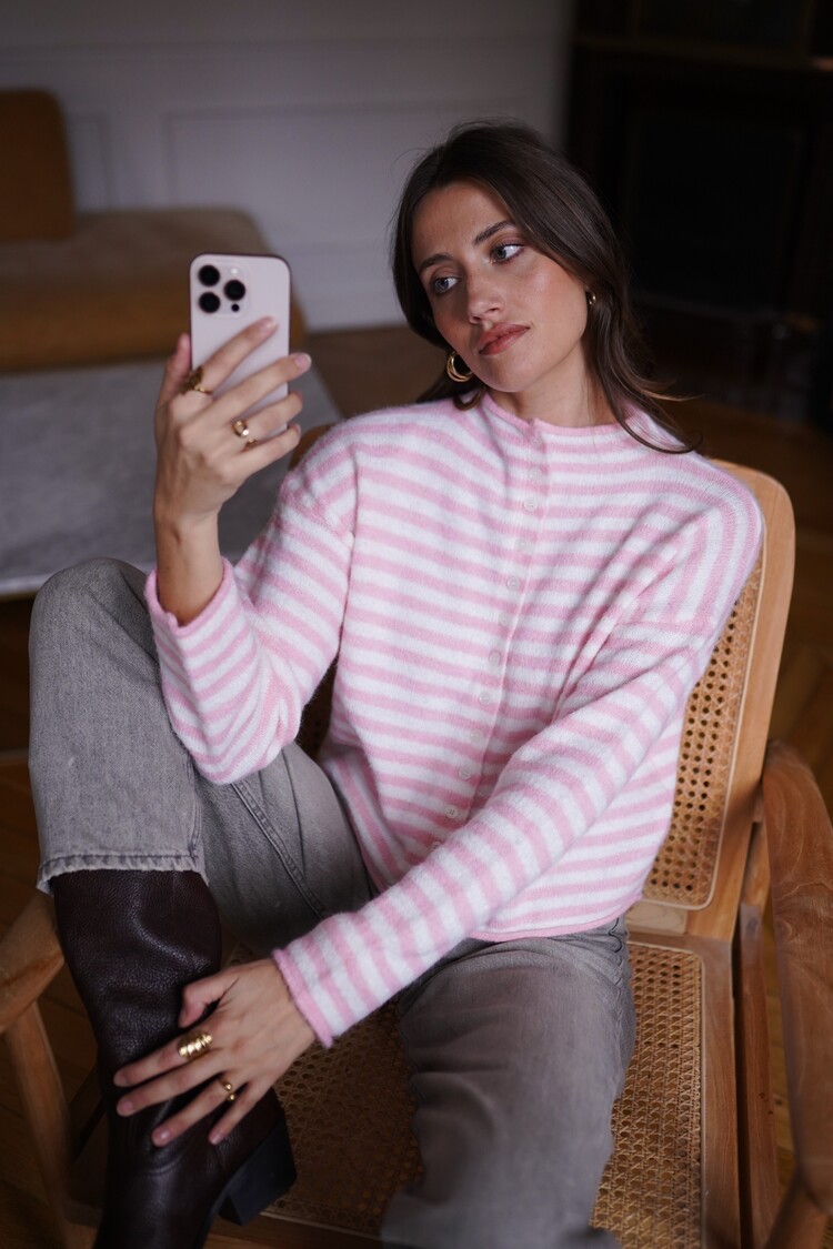 Xenia Striped Knit Cardigan / Pink