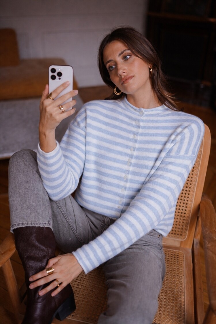 Xenia Striped Knit Cardigan / Blue