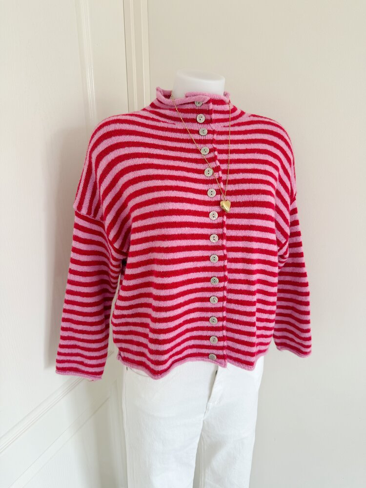 Zaria Striped Knit Cardigan / Pink & Red