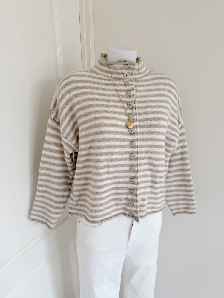 Zaria Striped Knit Cardigan / Brown & White