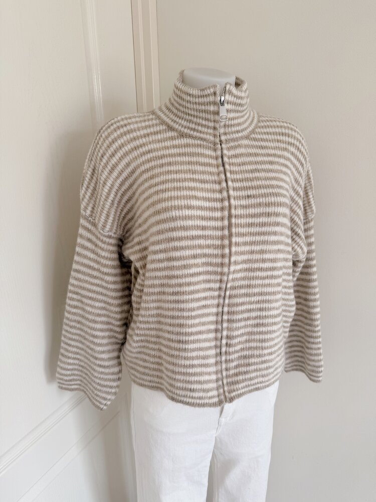 Isha Striped Knit Cardigan / Taupe & White