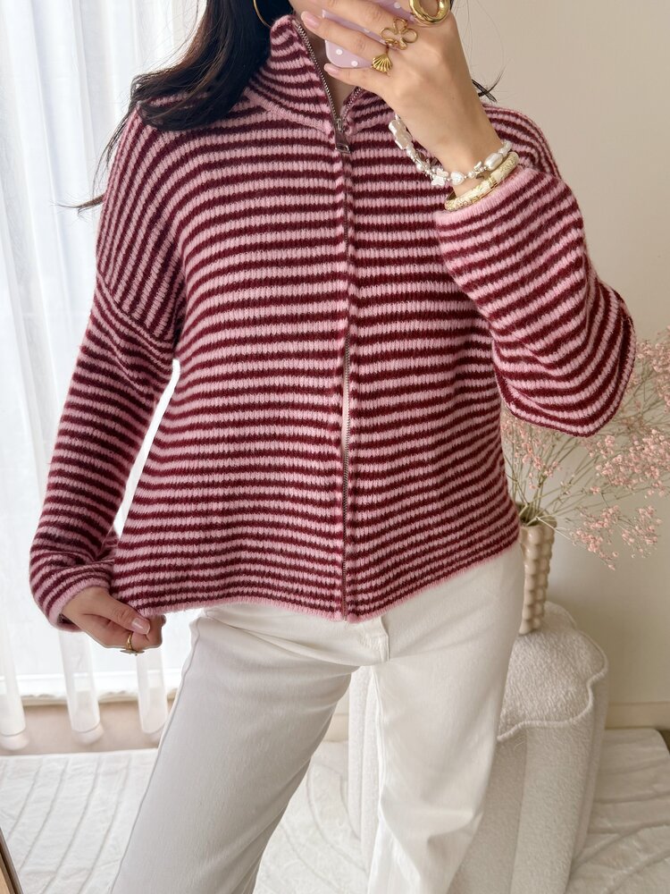 Isha Striped Knit Cardigan / Pink & Bordeaux
