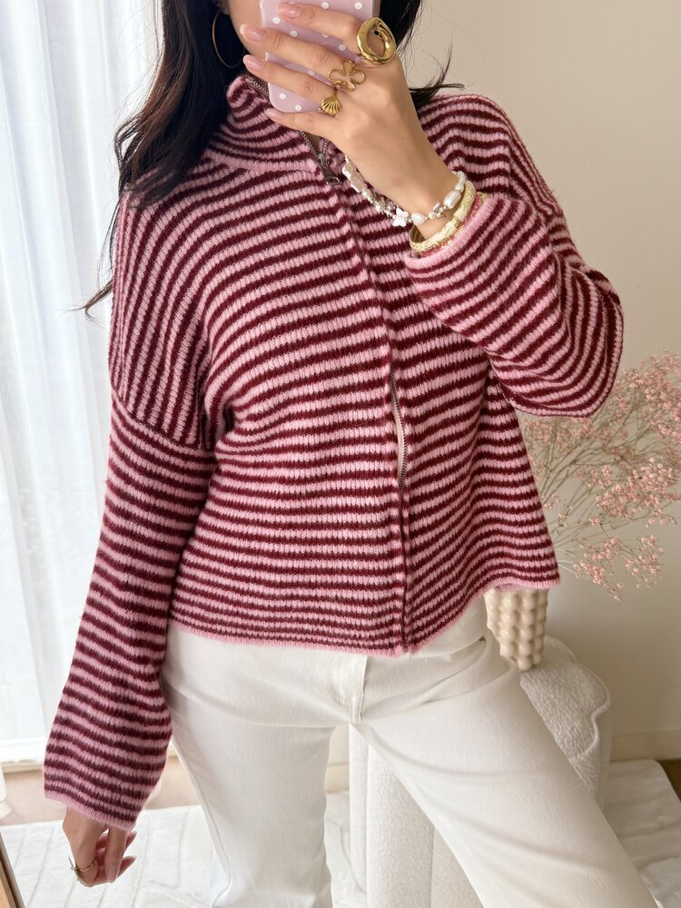 Isha Striped Knit Cardigan / Pink & Bordeaux