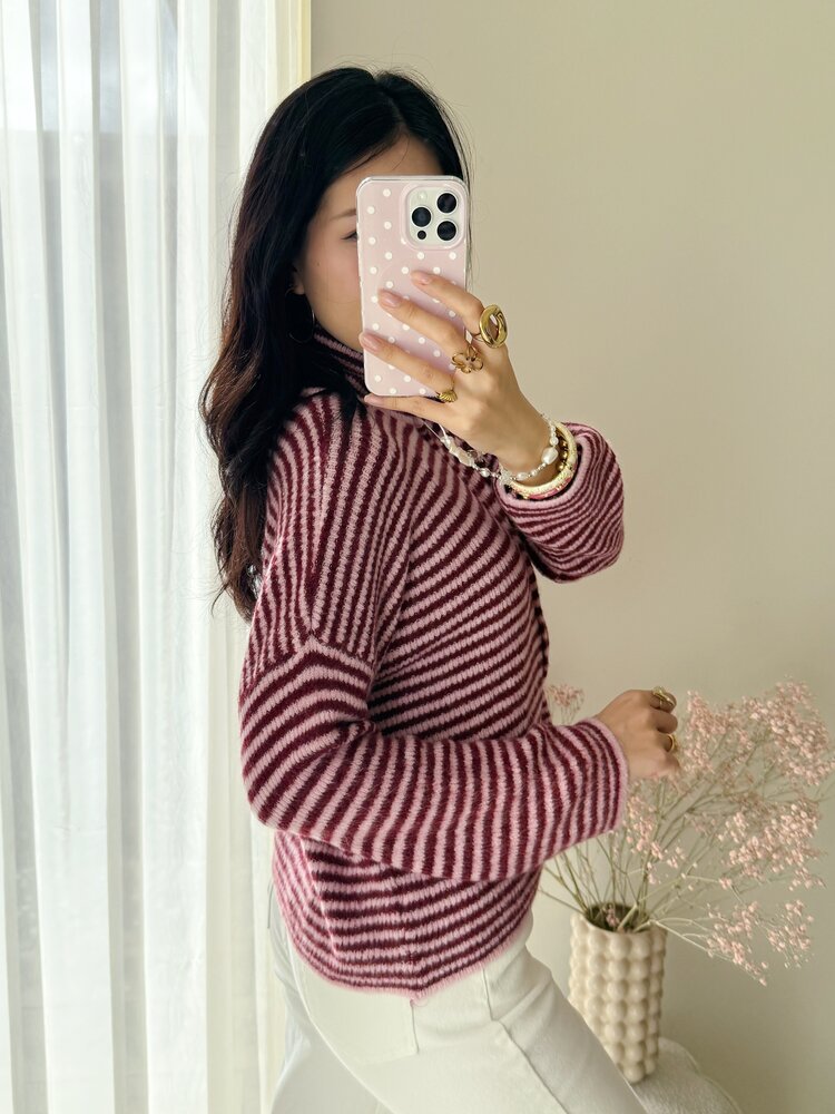 Isha Striped Knit Cardigan / Pink & Bordeaux