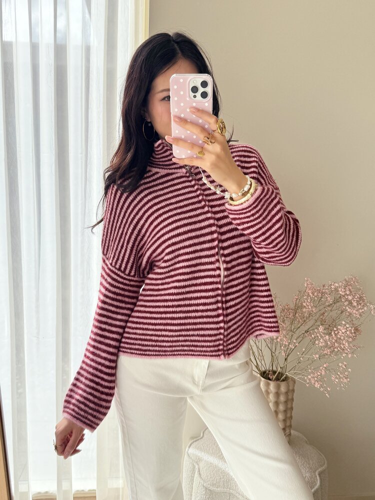 Isha Striped Knit Cardigan / Pink & Bordeaux