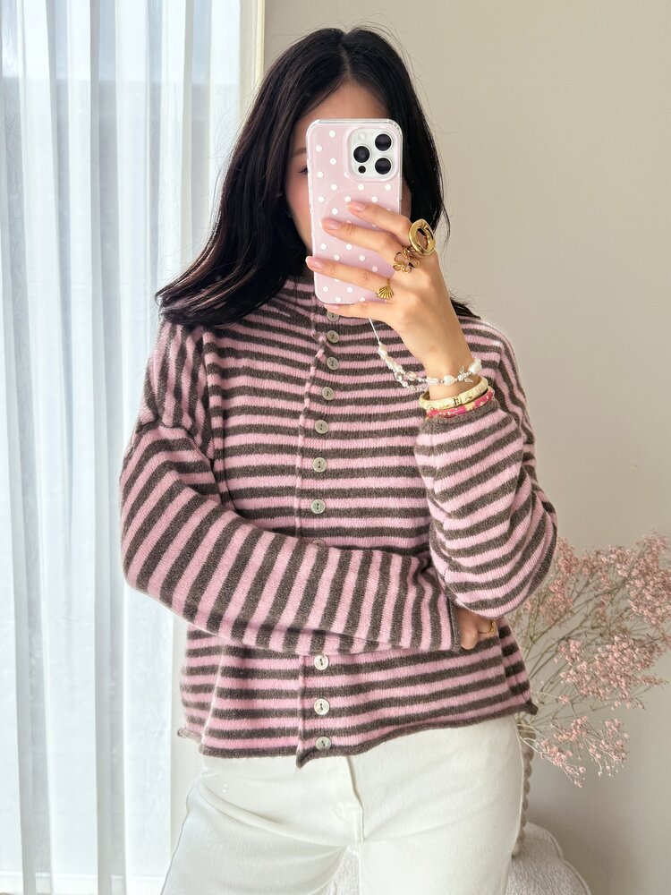 Zaria Striped Knit Cardigan / Pink & Brown