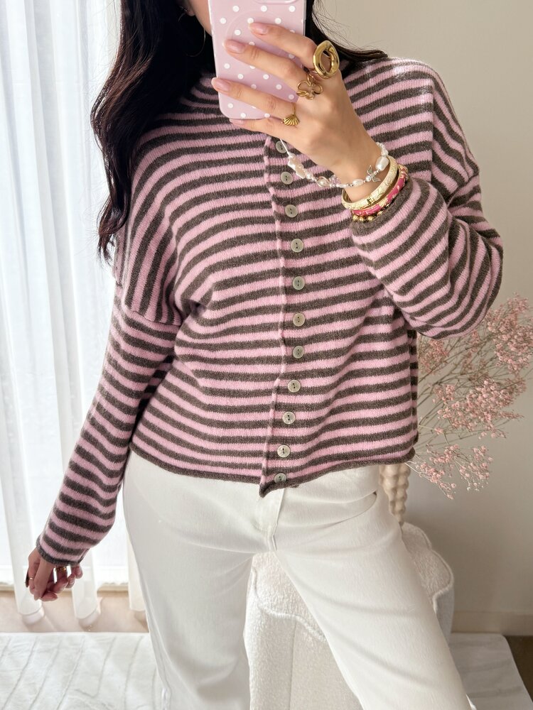 Zaria Striped Knit Cardigan / Pink & Brown