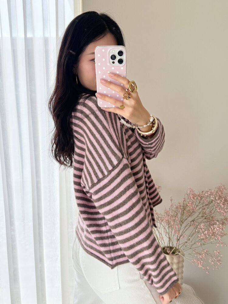 Zaria Striped Knit Cardigan / Pink & Brown