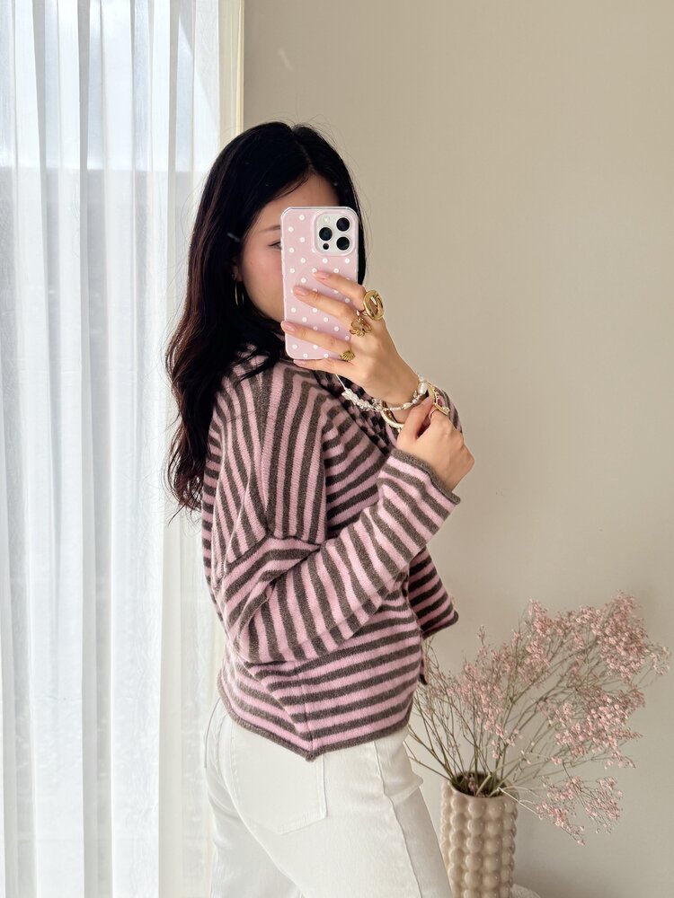 Zaria Striped Knit Cardigan / Pink & Brown