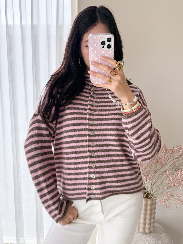 Zaria Striped Knit Cardigan / Pink & Brown