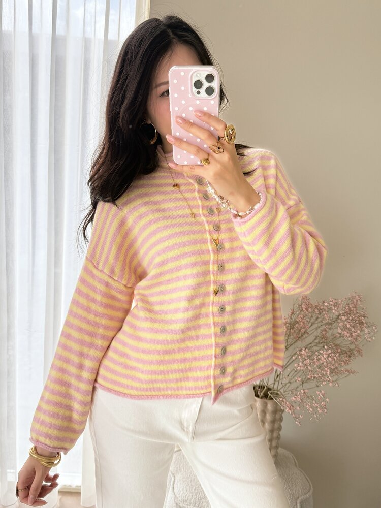 Zaria Striped Knit Cardigan / Yellow & Pink