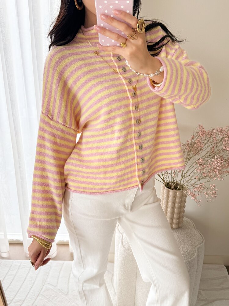 Zaria Striped Knit Cardigan / Yellow & Pink