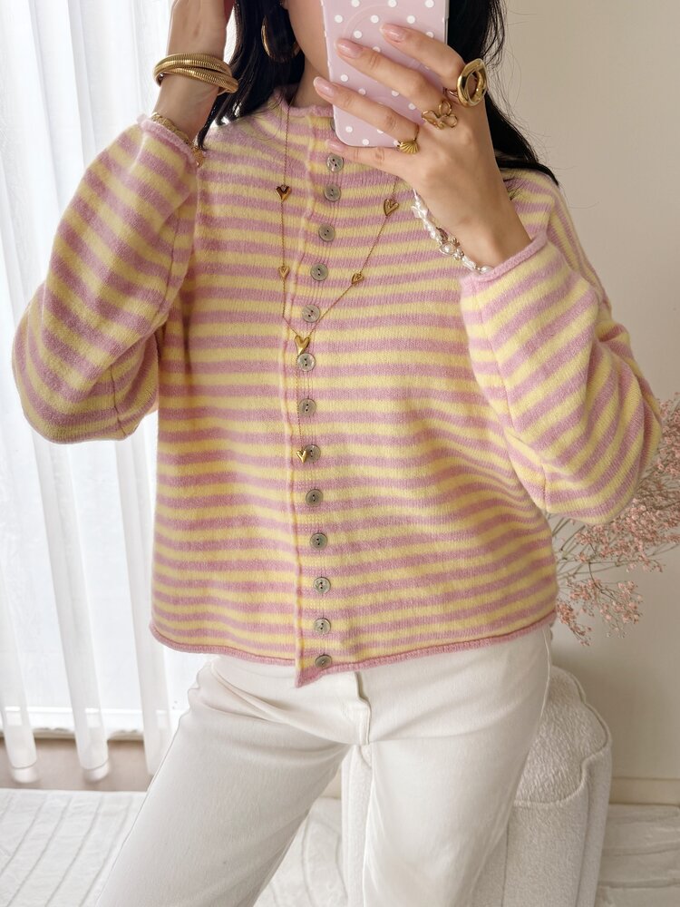 Zaria Striped Knit Cardigan / Yellow & Pink