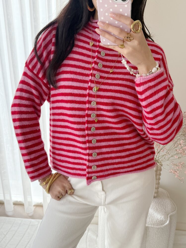 Zaria Striped Knit Cardigan / Pink & Red
