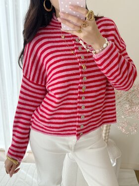 Zaria Striped Knit Cardigan / Pink & Red