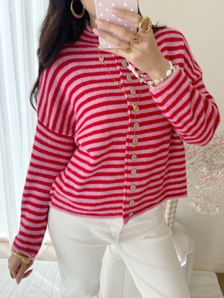 Zaria Striped Knit Cardigan / Pink & Red