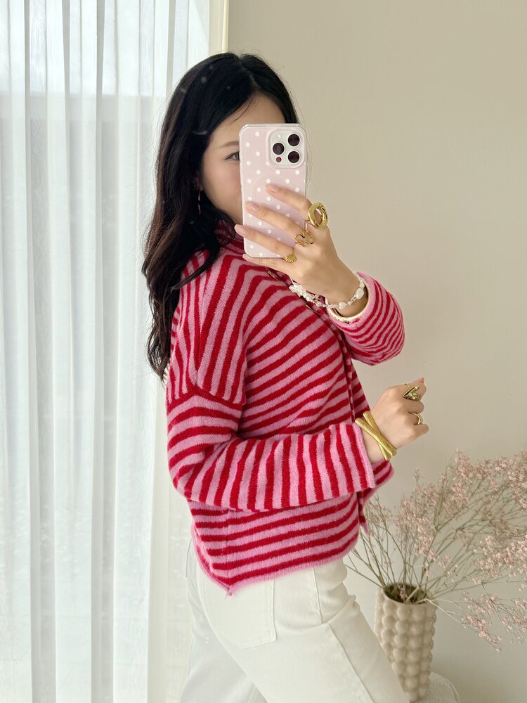 Zaria Striped Knit Cardigan / Pink & Red