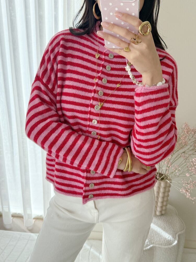 Zaria Striped Knit Cardigan / Pink & Red