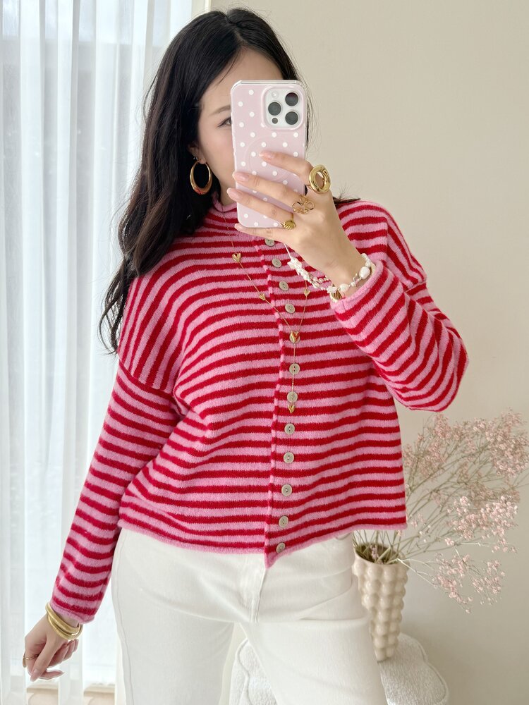 Zaria Striped Knit Cardigan / Pink & Red