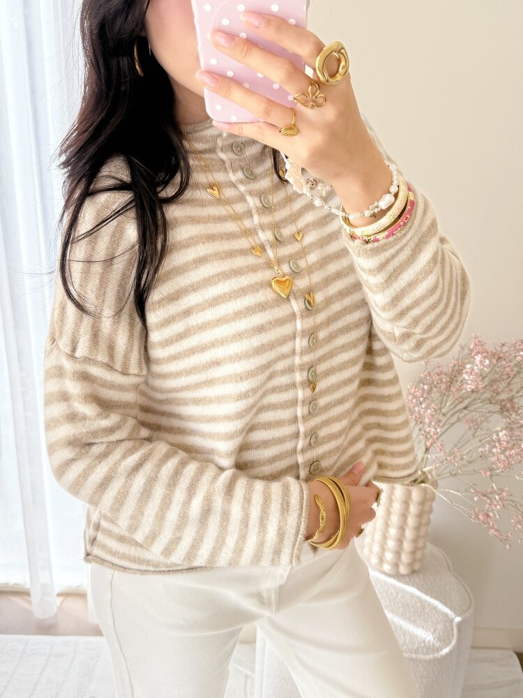 Zaria Striped Knit Cardigan / Brown & White