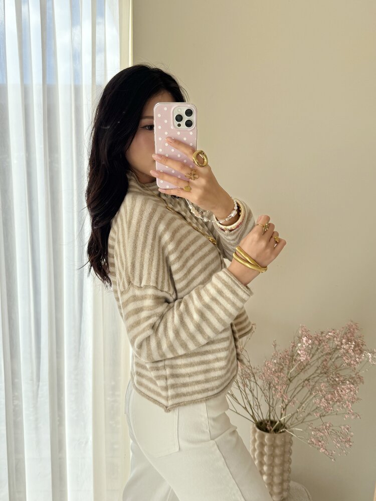 Zaria Striped Knit Cardigan / Brown & White