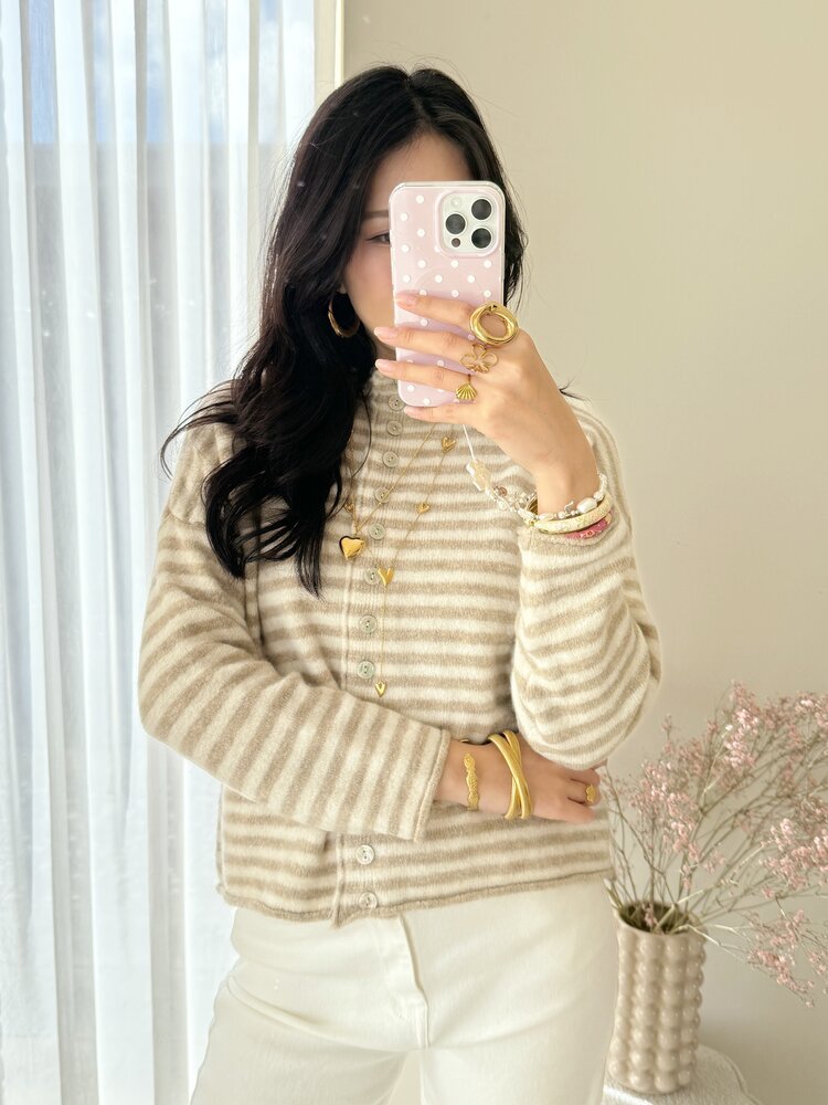 Zaria Striped Knit Cardigan / Brown & White