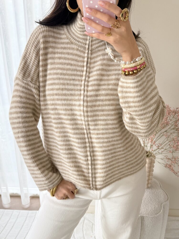 Isha Striped Knit Cardigan / Taupe & White