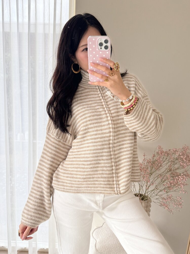 Isha Striped Knit Cardigan / Taupe & White
