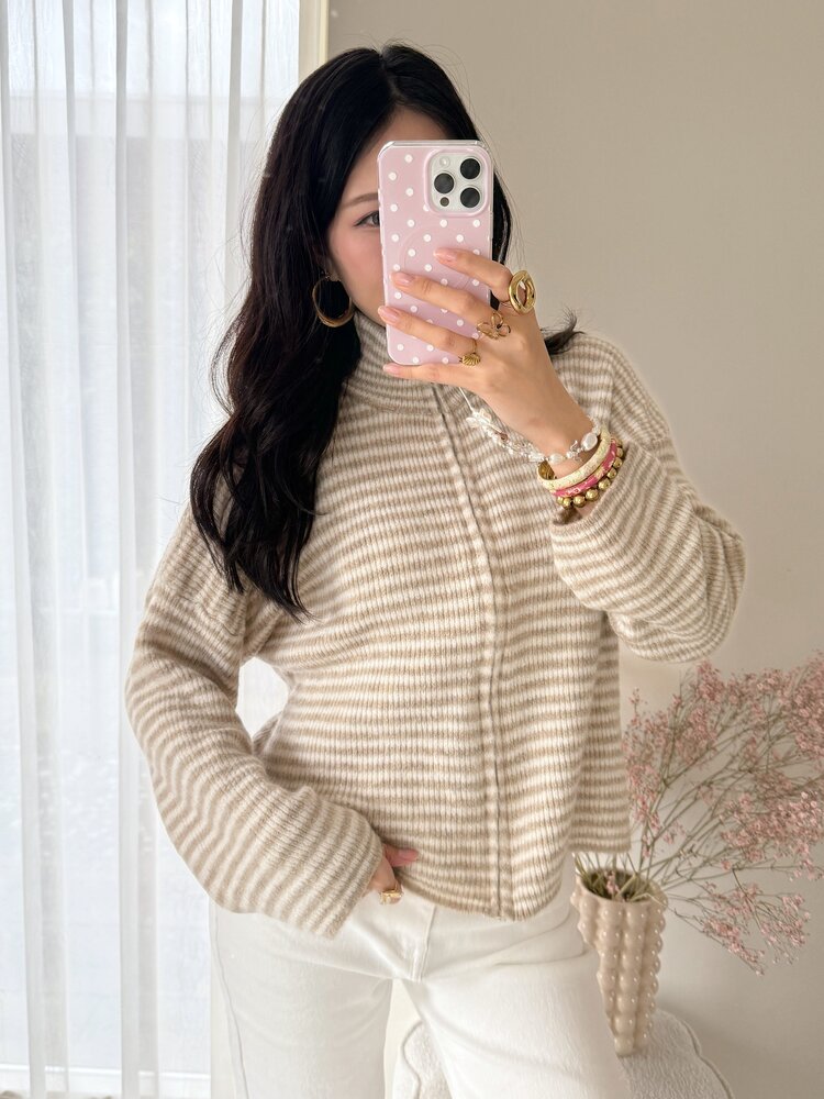 Isha Striped Knit Cardigan / Taupe & White