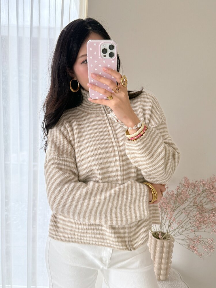 Isha Striped Knit Cardigan / Taupe & White