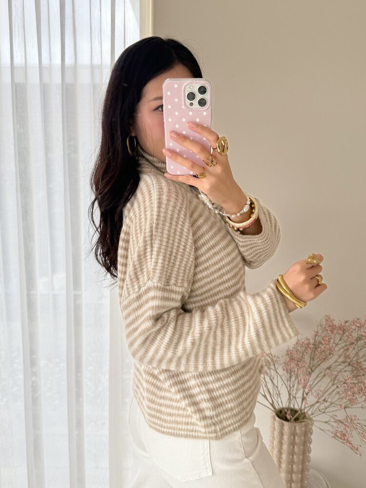 Isha Striped Knit Cardigan / Taupe & White