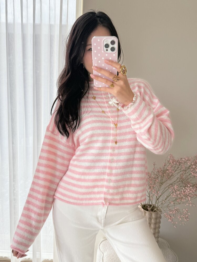 Xenia Striped Knit Cardigan / Pink