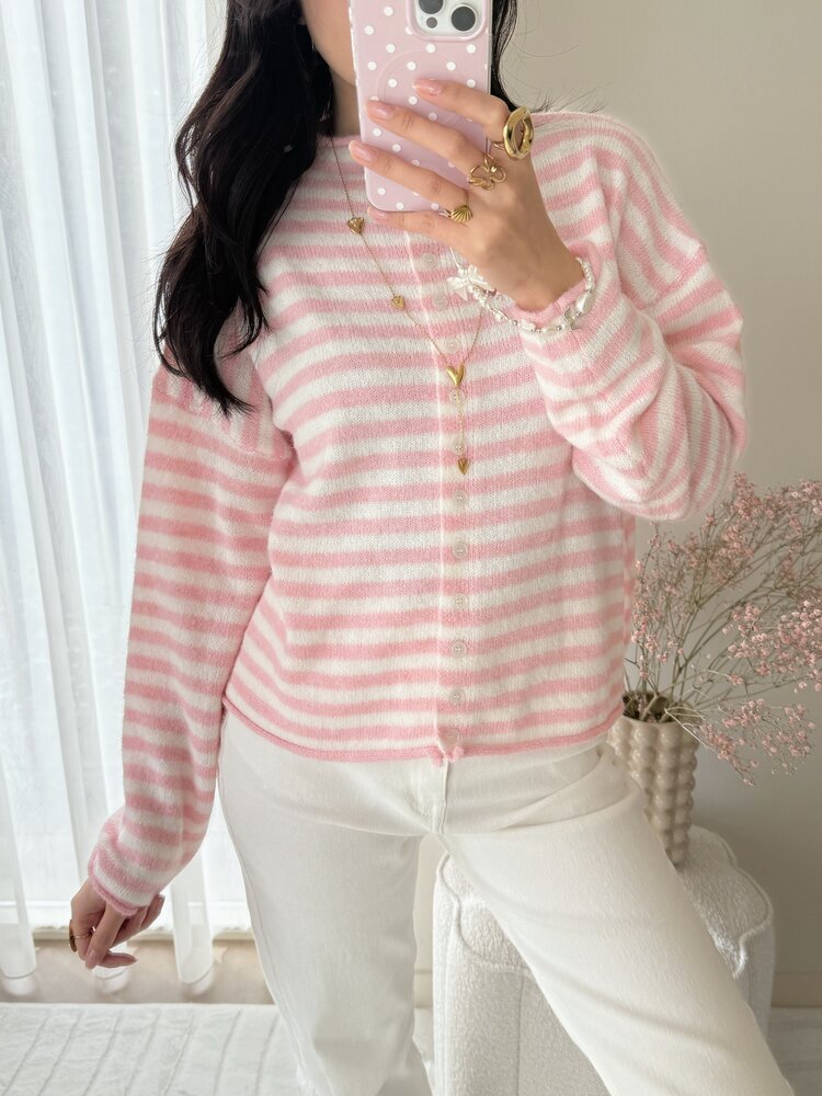 Xenia Striped Knit Cardigan / Pink