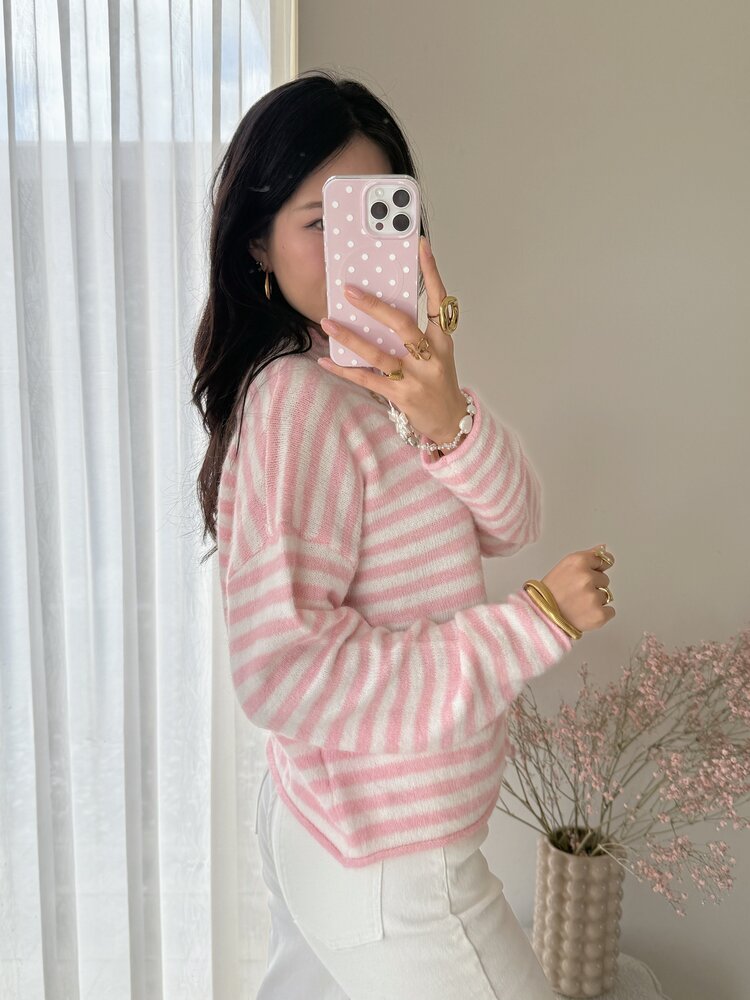 Xenia Striped Knit Cardigan / Pink
