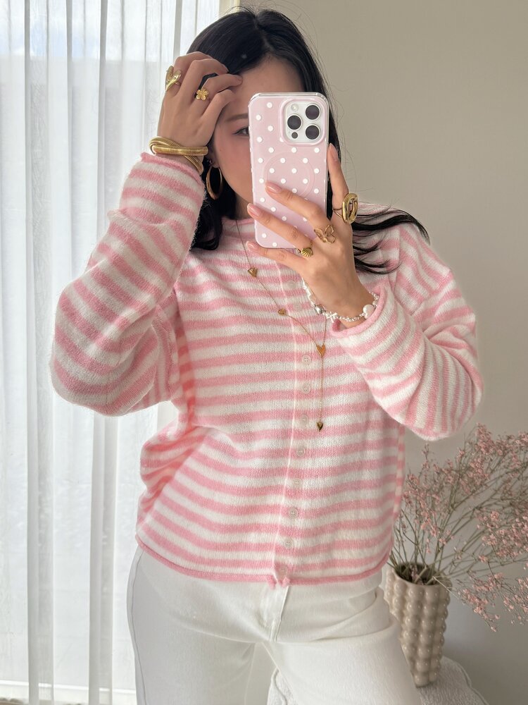 Xenia Striped Knit Cardigan / Pink