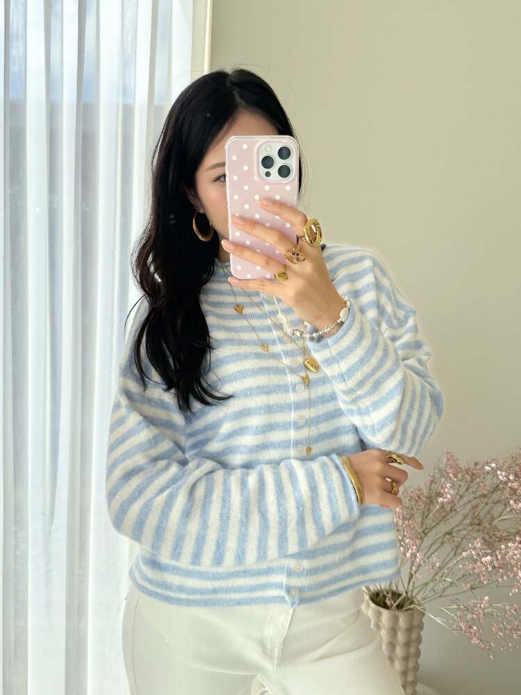 Xenia Striped Knit Cardigan / Blue