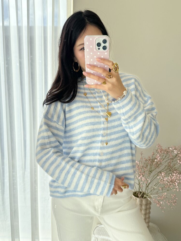 Xenia Striped Knit Cardigan / Blue