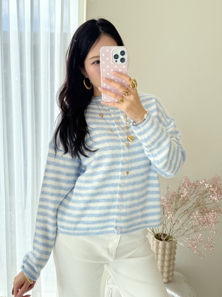 Xenia Striped Knit Cardigan / Blue