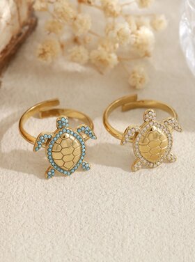 Gold Turtle Crystal Ring / White