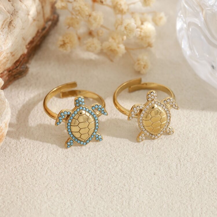 Gold Turtle Crystal Ring / White