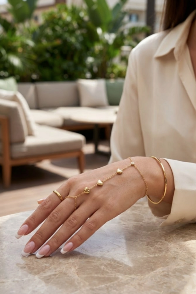 Gold Triple Heart Hand Chain Bracelet