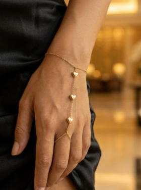 Gold Triple Heart Hand Chain Bracelet