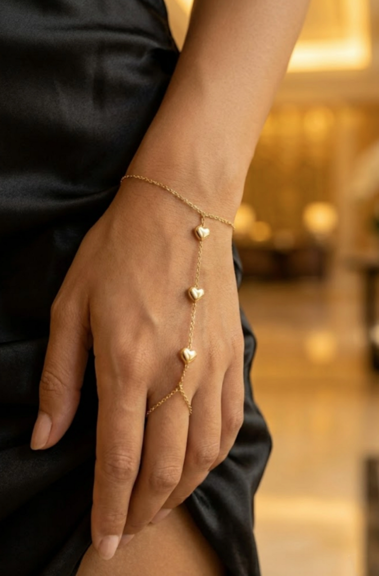 Gold Triple Heart Hand Chain Bracelet