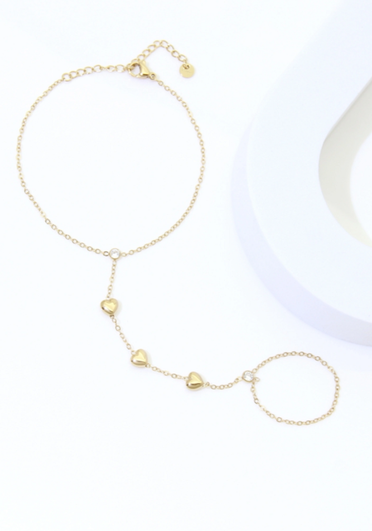 Gold Triple Heart Hand Chain Bracelet