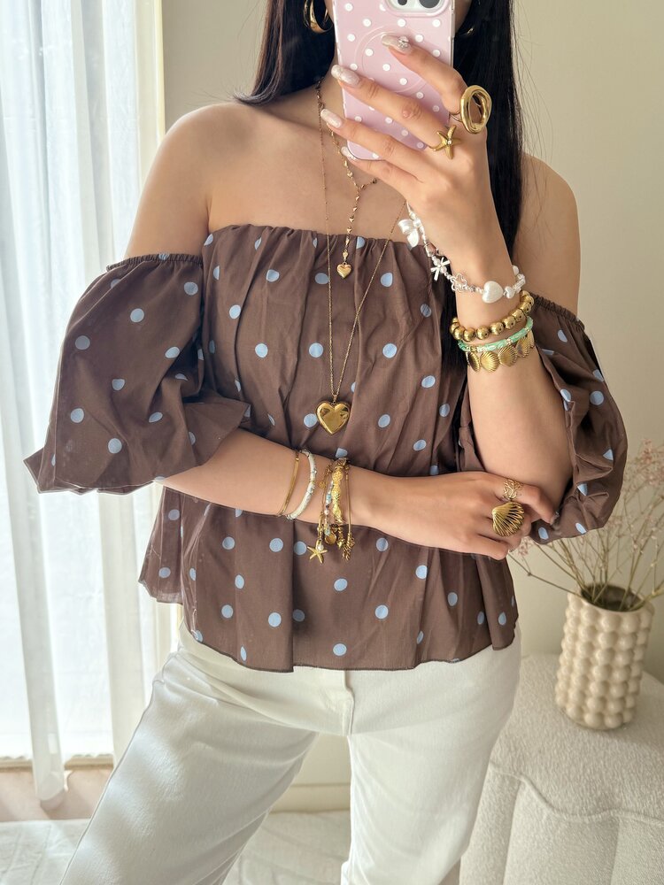 Fae Polkadot Off Shoulder Top / Brown