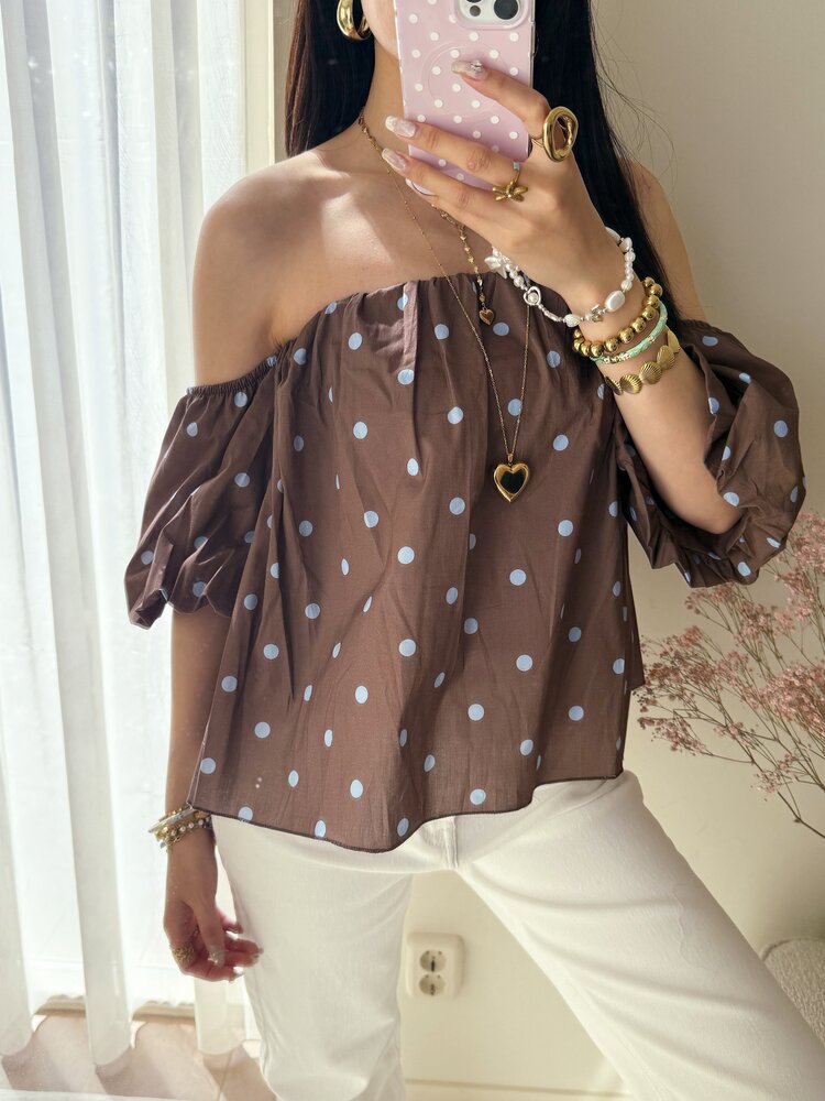 Fae Polkadot Off Shoulder Top / Brown