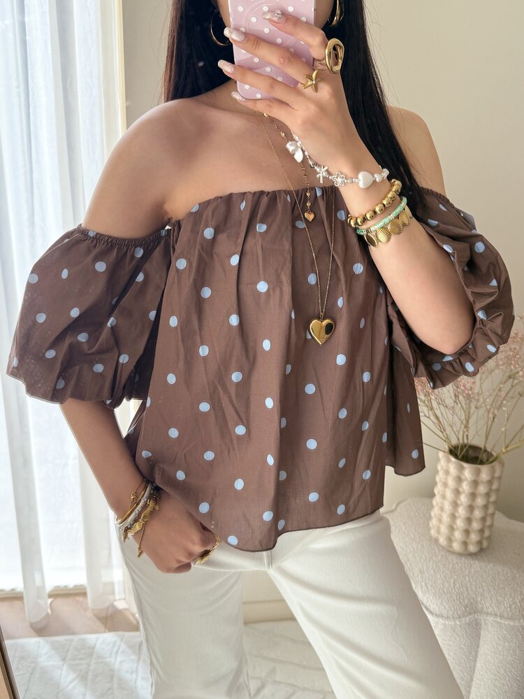 Fae Polkadot Off Shoulder Top / Brown