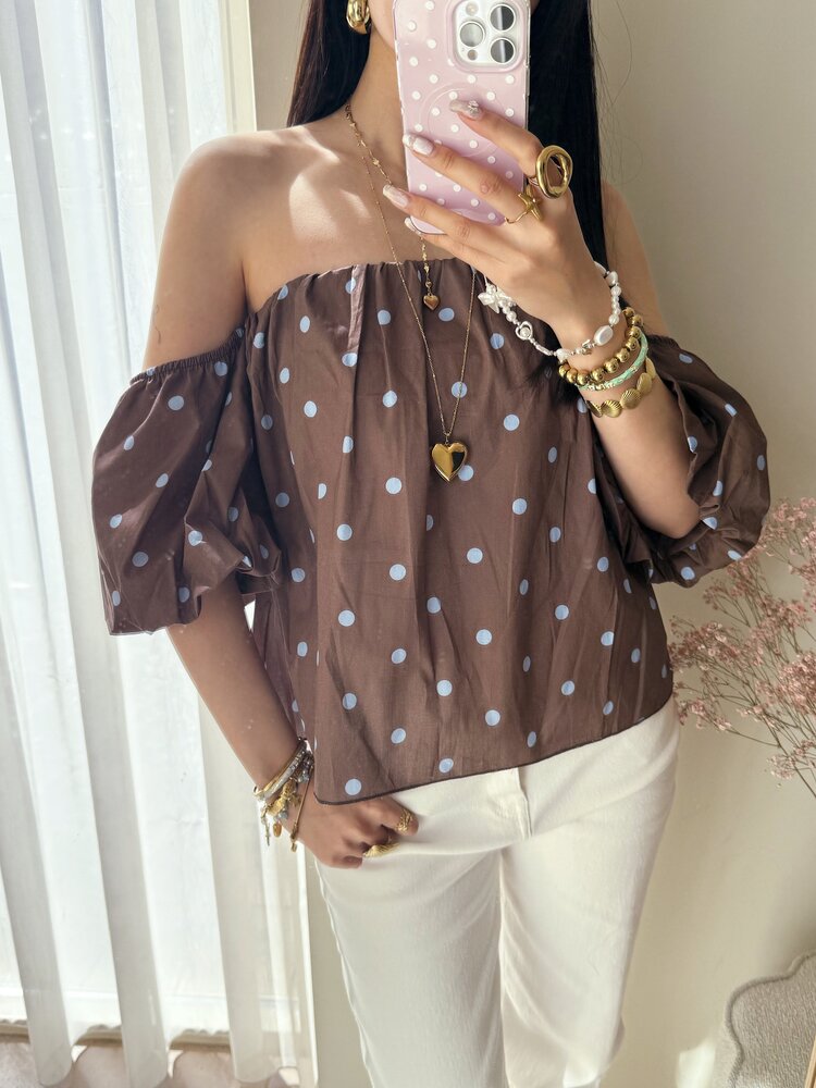 Fae Polkadot Off Shoulder Top / Brown