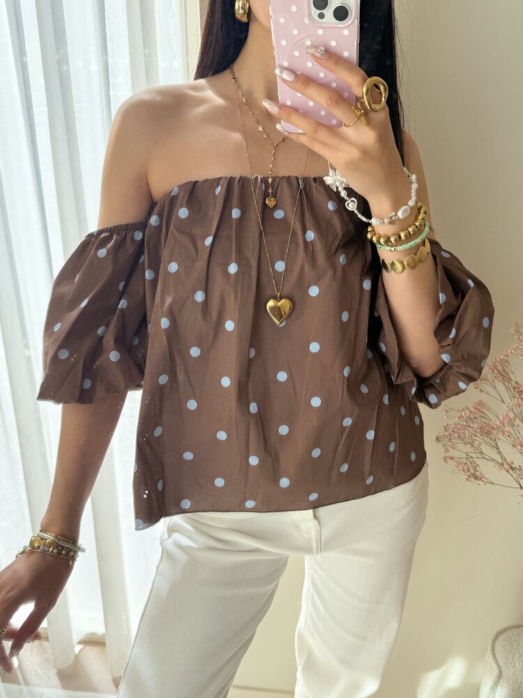 Fae Polkadot Off Shoulder Top / Brown